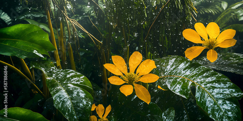 Tropical rainforest plant with beautiful yellow blossoms. Jungle background. Generative AI