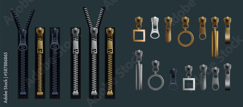 Metal zippers. Clothing fastener. Bag zip accessories. Metalled golden and plastic tooth for leather hardware. Pocket fastening. Fabric clothes ziplock. Vector 3D jackets clasps set