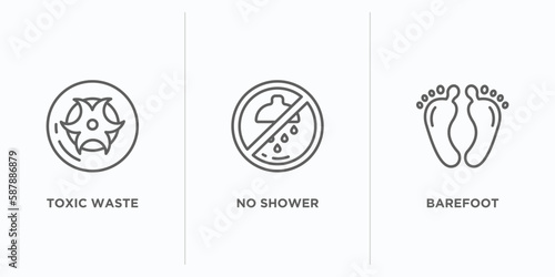 signs outline icons set. thin line icons such as toxic waste, no shower, barefoot vector. linear icon sheet can be used web and mobile