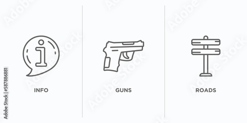 signs outline icons set. thin line icons such as info, guns, roads vector. linear icon sheet can be used web and mobile
