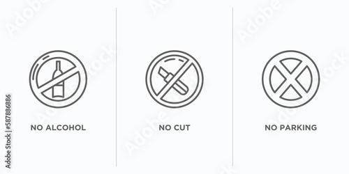 signs outline icons set. thin line icons such as no alcohol, no cut, no parking vector. linear icon sheet can be used web and mobile