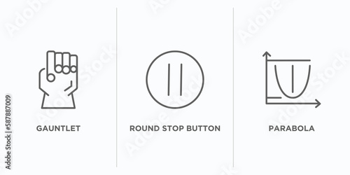 shapes outline icons set. thin line icons such as gauntlet, round stop button, parabola vector. linear icon sheet can be used web and mobile