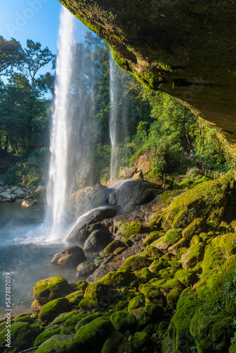 Vertical landscape of Misol Ha waterfall at sunset, Chiapas, Mexico.