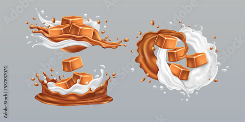 Caramel candy, toffee in milk splash. Yogurt swirl and drips, realistic butter wave twirl, Swirl confectionery melting liquid in motion with cubes, sweet milky food. Vector isolated 3d elements