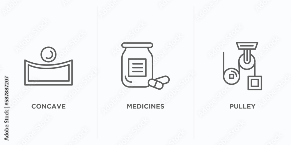 science outline icons set. thin line icons such as concave, medicines, pulley vector. linear icon sheet can be used web and mobile