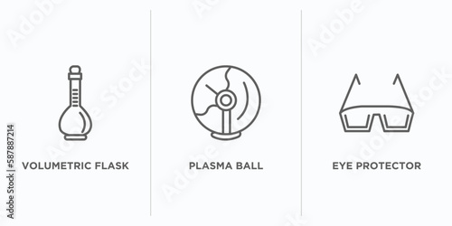 science outline icons set. thin line icons such as volumetric flask, plasma ball, eye protector vector. linear icon sheet can be used web and mobile