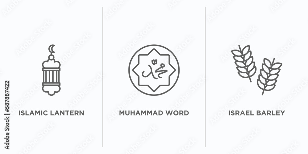 religion outline icons set. thin line icons such as islamic lantern, muhammad word, israel barley vector. linear icon sheet can be used web and mobile