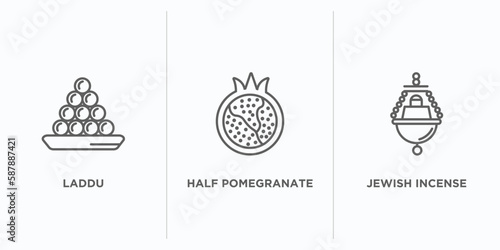religion outline icons set. thin line icons such as laddu, half pomegranate, jewish incense vector. linear icon sheet can be used web and mobile