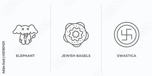 religion outline icons set. thin line icons such as elephant, jewish bagels, swastica vector. linear icon sheet can be used web and mobile