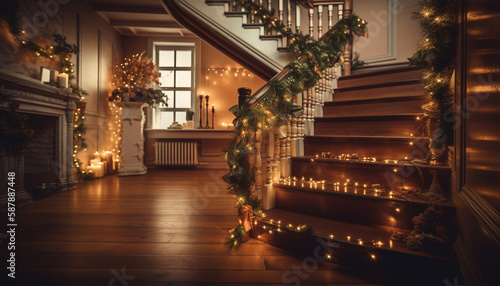 Glowing candlelight illuminates elegant Christmas decor indoors generated by AI