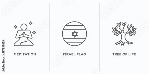 religion outline icons set. thin line icons such as meditation, israel flag, tree of life vector. linear icon sheet can be used web and mobile