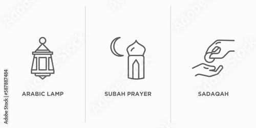 religion outline icons set. thin line icons such as arabic lamp, subah prayer, sadaqah vector. linear icon sheet can be used web and mobile