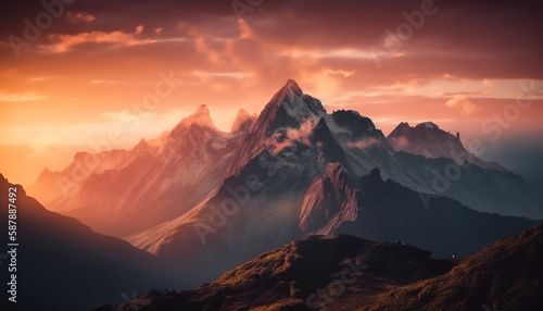 Majestic mountain peak back lit by dawn generated by AI