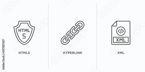programming outline icons set. thin line icons such as html5, hyperlink, xml vector. linear icon sheet can be used web and mobile