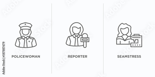professions & jobs outline icons set. thin line icons such as policewoman, reporter, seamstress vector. linear icon sheet can be used web and mobile
