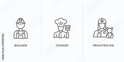 professions outline icons set. thin line icons such as builder, cooker, pediatrician vector. linear icon sheet can be used web and mobile