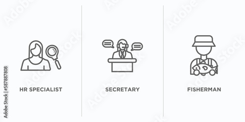 professions outline icons set. thin line icons such as hr specialist, secretary, fisherman vector. linear icon sheet can be used web and mobile