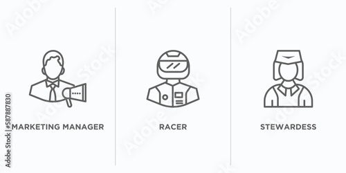 professions outline icons set. thin line icons such as marketing manager, racer, stewardess vector. linear icon sheet can be used web and mobile