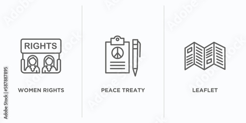 political outline icons set. thin line icons such as women rights, peace treaty, leaflet vector. linear icon sheet can be used web and mobile