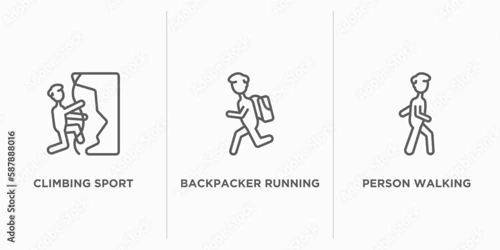 people outline icons set. thin line icons such as climbing sport, backpacker running, person walking vector. linear icon sheet can be used web and mobile