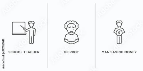 people outline icons set. thin line icons such as school teacher, pierrot, man saving money vector. linear icon sheet can be used web and mobile