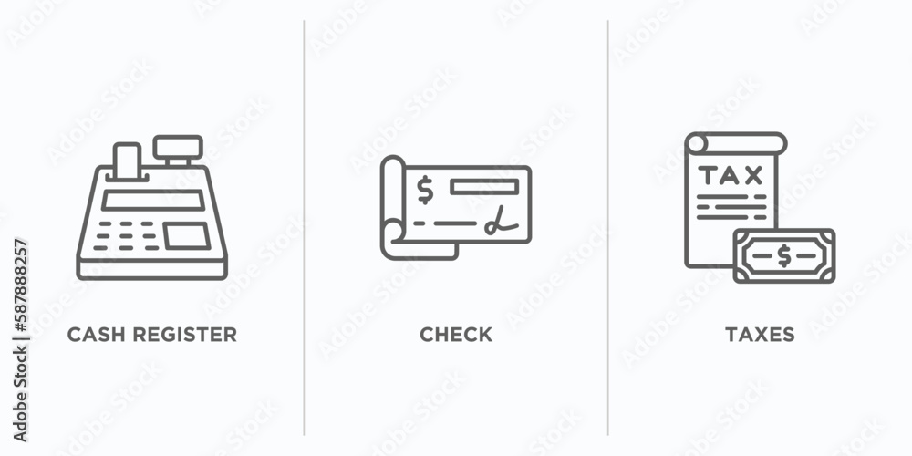 payment outline icons set. thin line icons such as cash register, check, taxes vector. linear icon sheet can be used web and mobile - obrazy, fototapety, plakaty 