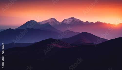 Majestic mountain range backlit by sunset beauty generated by AI