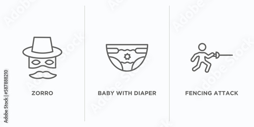 people outline icons set. thin line icons such as zorro, baby with diaper, fencing attack vector. linear icon sheet can be used web and mobile