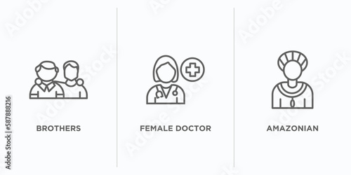 people outline icons set. thin line icons such as brothers, female doctor, amazonian vector. linear icon sheet can be used web and mobile