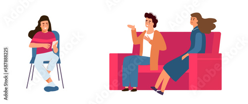 Group therapy. Psychological consultation. Mental disorder treatment. Care and support. Women sitting on sofa and chair. Psychotherapy counseling. Trauma rehabilitation. Vector concept