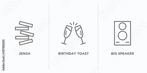 party outline icons set. thin line icons such as jenga, birthday toast, big speaker vector. linear icon sheet can be used web and mobile