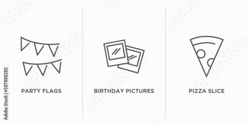 party outline icons set. thin line icons such as party flags, birthday pictures, pizza slice vector. linear icon sheet can be used web and mobile