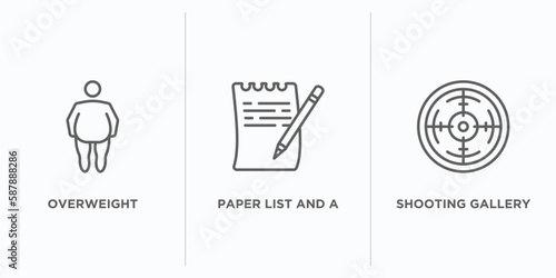 other outline icons set. thin line icons such as overweight, paper list and a pencil, shooting gallery vector. linear icon sheet can be used web and mobile