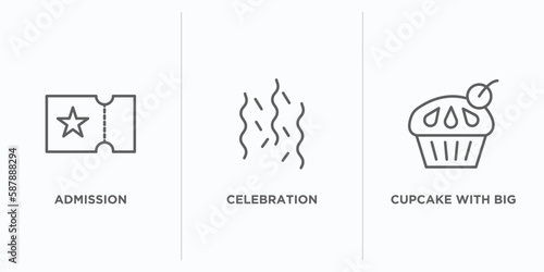 party outline icons set. thin line icons such as admission, celebration, cupcake with big cherry vector. linear icon sheet can be used web and mobile
