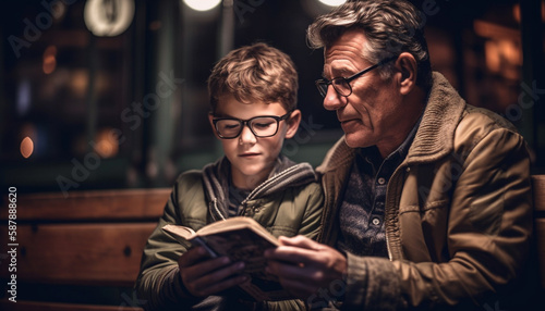Three generations bonding through education and reading generated by AI