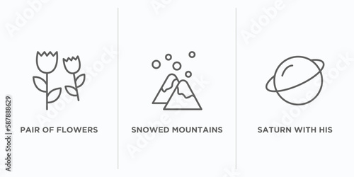 nature outline icons set. thin line icons such as pair of flowers, snowed mountains, saturn with his ring vector. linear icon sheet can be used web and mobile