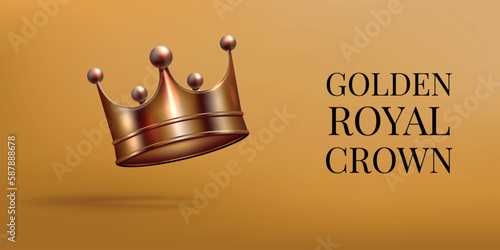 3d royal crown, majestic kingdom. Prince, queen or king authority sign, vintage gold medieval decoration element. Luxury realistic headdress, web banner template. Vector isolated symbol