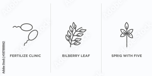nature outline icons set. thin line icons such as fertilize clinic, bilberry leaf, sprig with five leaves vector. linear icon sheet can be used web and mobile