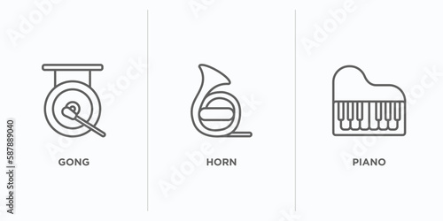music outline icons set. thin line icons such as gong, horn, piano vector. linear icon sheet can be used web and mobile