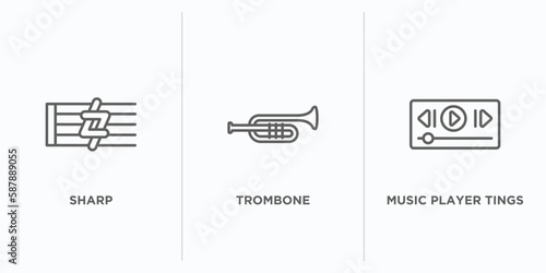 music and media outline icons set. thin line icons such as sharp, trombone, music player tings vector. linear icon sheet can be used web and mobile