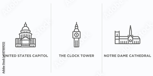 monuments outline icons set. thin line icons such as united states capitol, the clock tower, notre dame cathedral vector. linear icon sheet can be used web and mobile