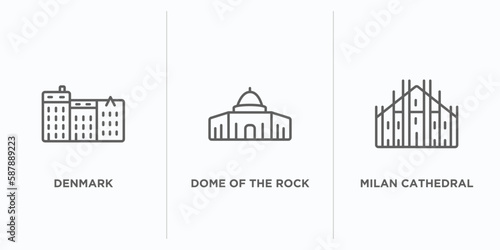 monuments outline icons set. thin line icons such as denmark, dome of the rock, milan cathedral vector. linear icon sheet can be used web and mobile
