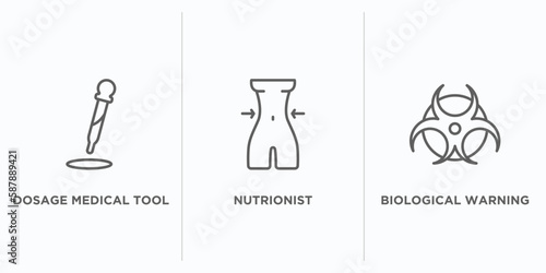 medical outline icons set. thin line icons such as dosage medical tool, nutrionist, biological warning vector. linear icon sheet can be used web and mobile