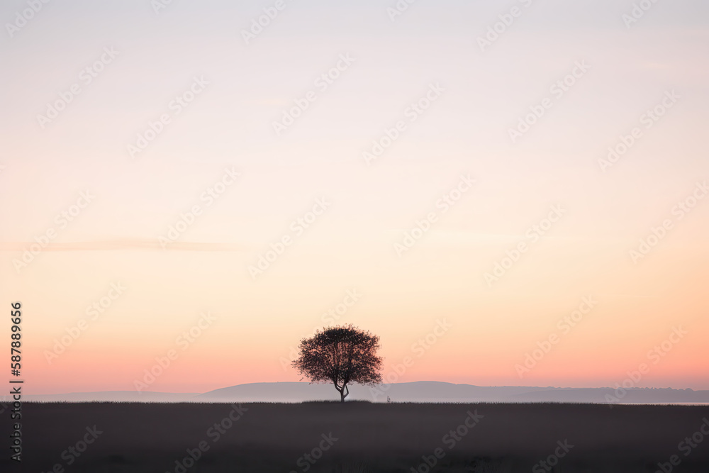 Lone Tree on the Horizon. Minimalistic Illustration. 