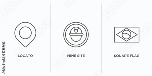 maps and flags outline icons set. thin line icons such as locato, mine site, square flag vector. linear icon sheet can be used web and mobile