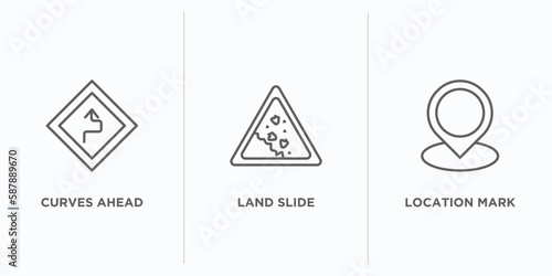 maps and flags outline icons set. thin line icons such as curves ahead, land slide, location mark vector. linear icon sheet can be used web and mobile
