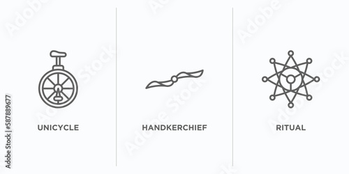 magic outline icons set. thin line icons such as unicycle, handkerchief, ritual vector. linear icon sheet can be used web and mobile