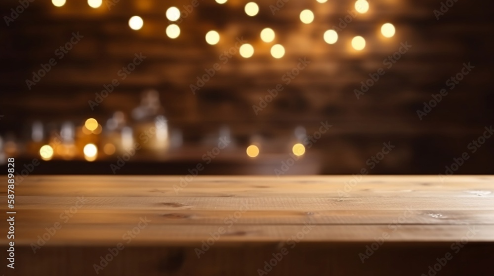 Empty wooden table top with out of focus lights bokeh rustic farmhouse kitchen background, ai	