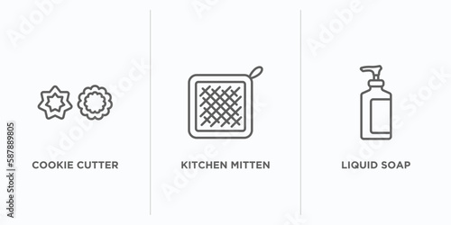 kitchen outline icons set. thin line icons such as cookie cutter, kitchen mitten, liquid soap vector. linear icon sheet can be used web and mobile