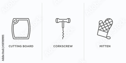 kitchen outline icons set. thin line icons such as cutting board, corkscrew, mitten vector. linear icon sheet can be used web and mobile